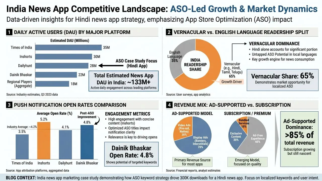 India news app competitive landscape: DAU by platform, vernacular vs English readership split, push notification open rates, and ad-supported vs subscription revenue mix