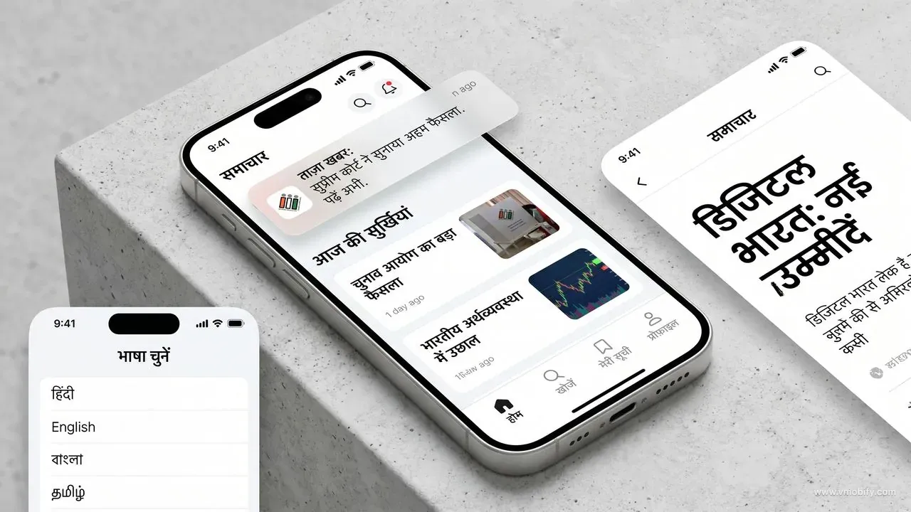 iPhone 15 mockup showing a Hindi news app with personalized feed, breaking news notification, article detail view, and language selection screen