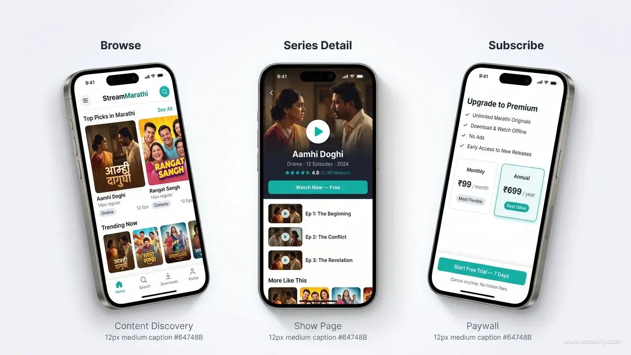 iPhone 15 Pro mockups showing three screens of a Marathi OTT streaming app: home content browse screen, series detail page for Aamhi Doghi, and premium subscription paywall