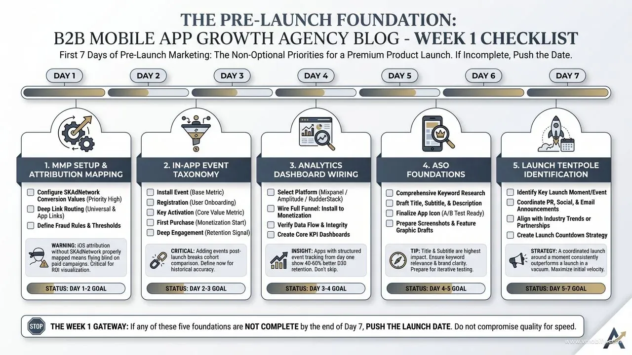 Pre-launch foundation week (days 1–7): 5 non-optional priorities — MMP + SKAdNetwork setup, in-app event taxonomy, analytics dashboard wiring, ASO keyword foundations, and launch tentpole identification. Incomplete by day 7 = push the launch date.
