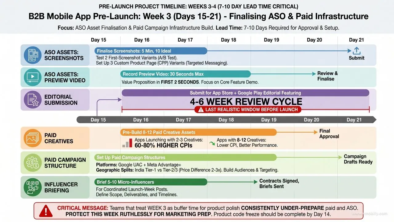 Pre-launch ASO and paid prep (days 15–21): finalise screenshots (8-12 assets), record preview video, submit for editorial featuring (last window — 4-6 week lead time), pre-build 8-12 creative assets, set up paid campaigns with geo splits, brief micro-influencers.