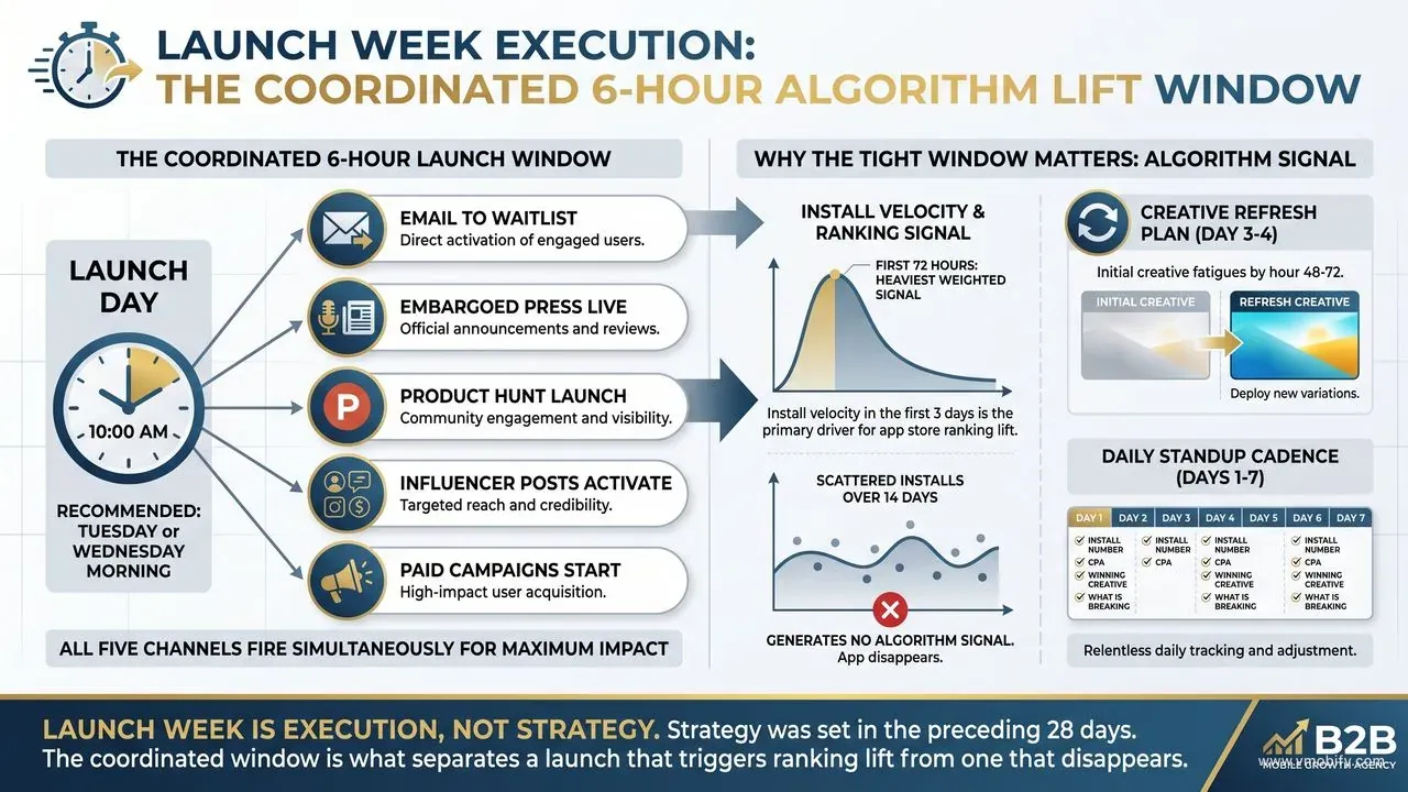 Launch week execution: all channels fire simultaneously in a 6-hour window on Tuesday/Wednesday morning — email to waitlist, press embargo lifts, Product Hunt launches, influencer posts activate, paid campaigns start. The concentrated velocity signal is what triggers store ranking lift.