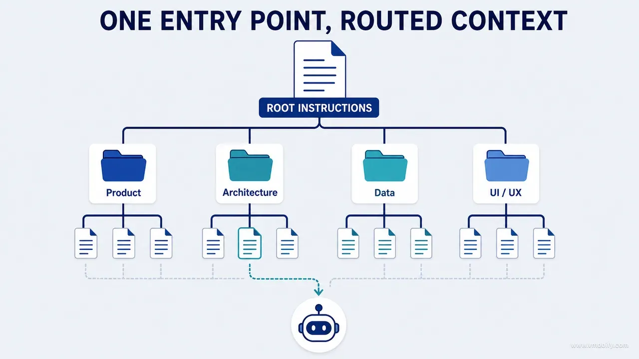 Root instructions routing an AI coding agent through product, architecture, data and UI or UX documentation to one relevant local page