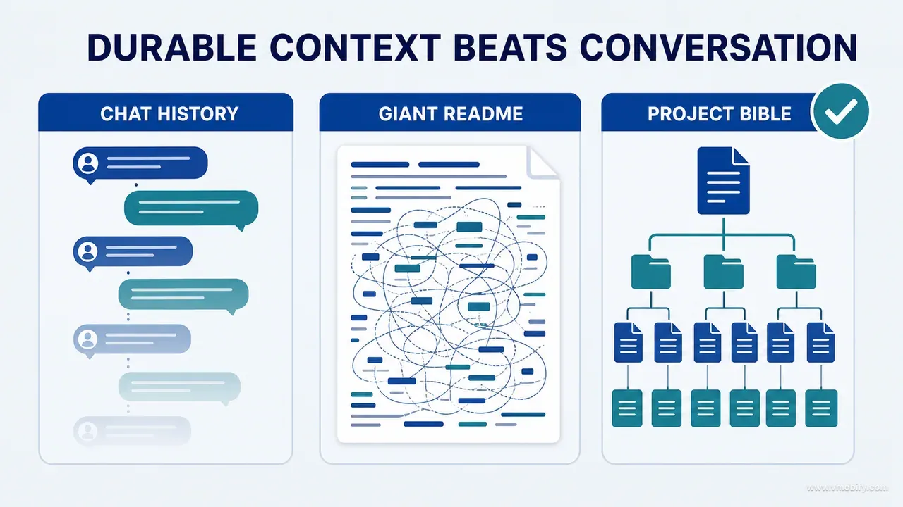 Chat history and a giant README compared with a maintained hierarchical project bible