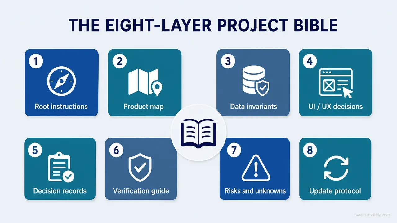Eight-layer project bible covering root instructions, product map, data invariants, UI and UX decisions, decision records, verification, risks and updates
