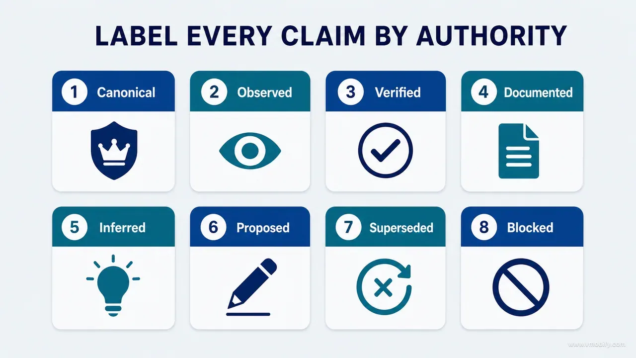 Eight project-bible authority labels: canonical, observed, verified, documented, inferred, proposed, superseded and blocked