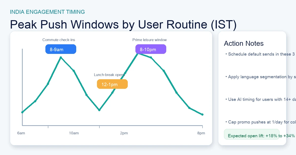 India push notification peak engagement windows — 8–9am, 12–1pm, 8–10pm IST.