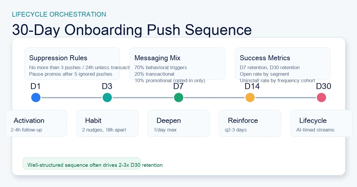30-day onboarding notification sequence across five retention milestone windows.