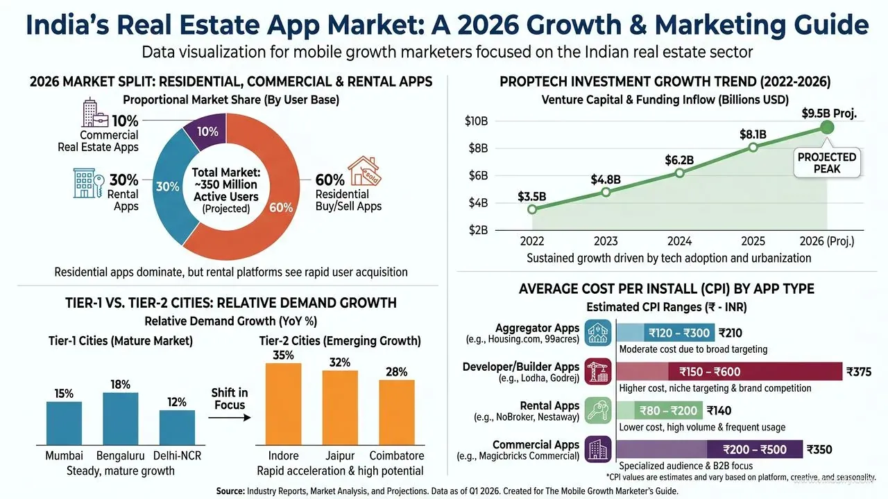 India real estate app market 2026 infographic showing market split by app type, PropTech investment growth from 2022-2026, Tier-1 vs Tier-2 city demand comparison, and average CPI benchmarks by app category
