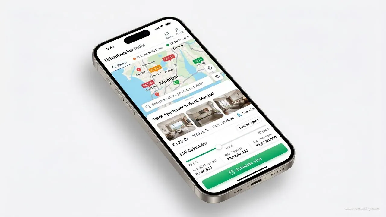 iPhone 15 Pro mockup showing a real estate app with map overlay of Mumbai property pins, 3BHK listing detail card, EMI calculator with monthly payment breakdown, and Schedule Visit CTA button