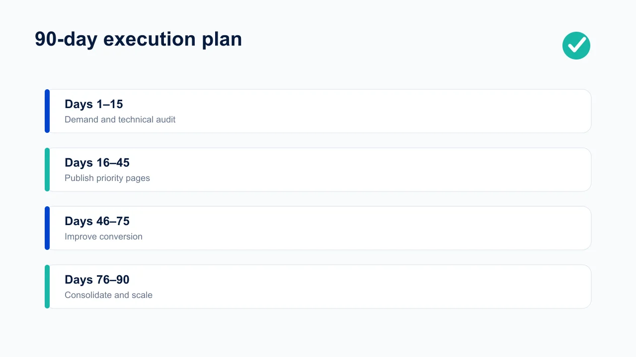 Ninety-day app SEO execution plan covering audit, publishing, conversion, consolidation, and scaling.