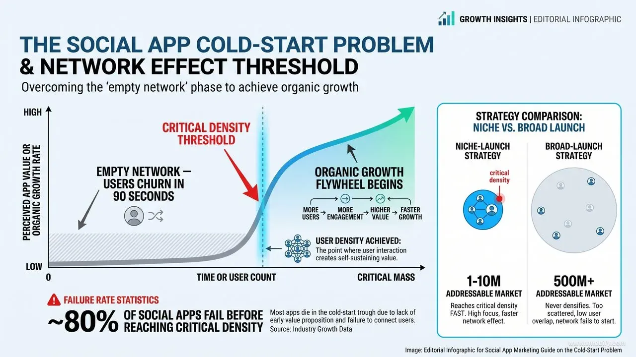 Network effect threshold chart showing social app cold-start trough, critical density inflection point, and niche vs broad launch strategy comparison