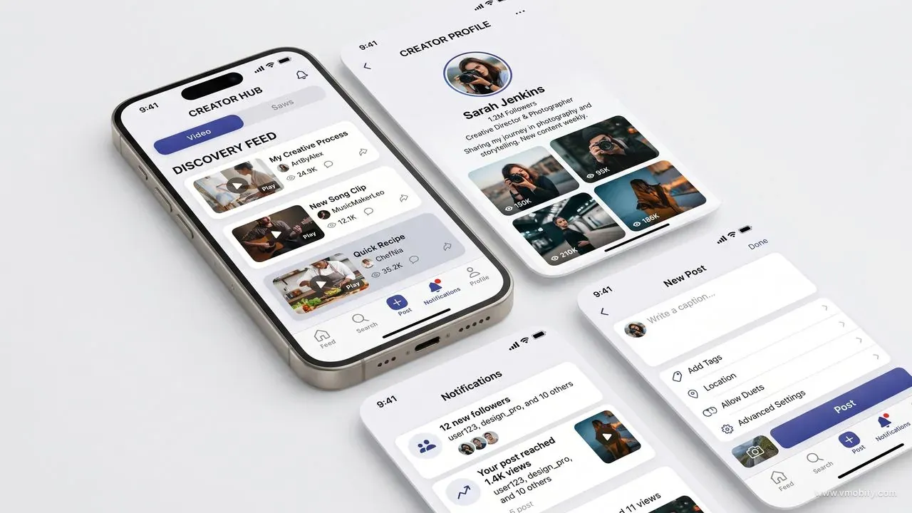iPhone 15 Pro mockup showing a creator-first social app with discovery feed, creator profile, content posting interface, and follower notifications