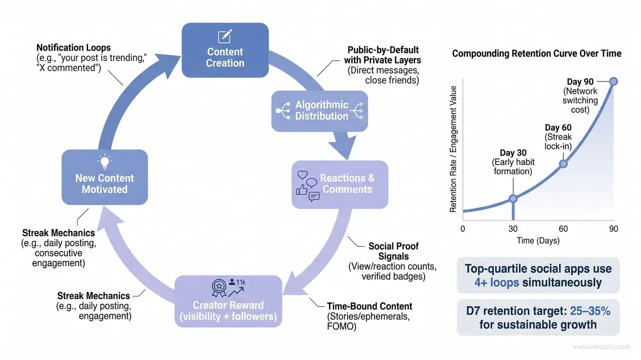 Flow diagram of the social app engagement loop — content creation through algorithmic distribution, reactions, creator reward, and new content — with compounding retention curve across Day 30, 60, and 90