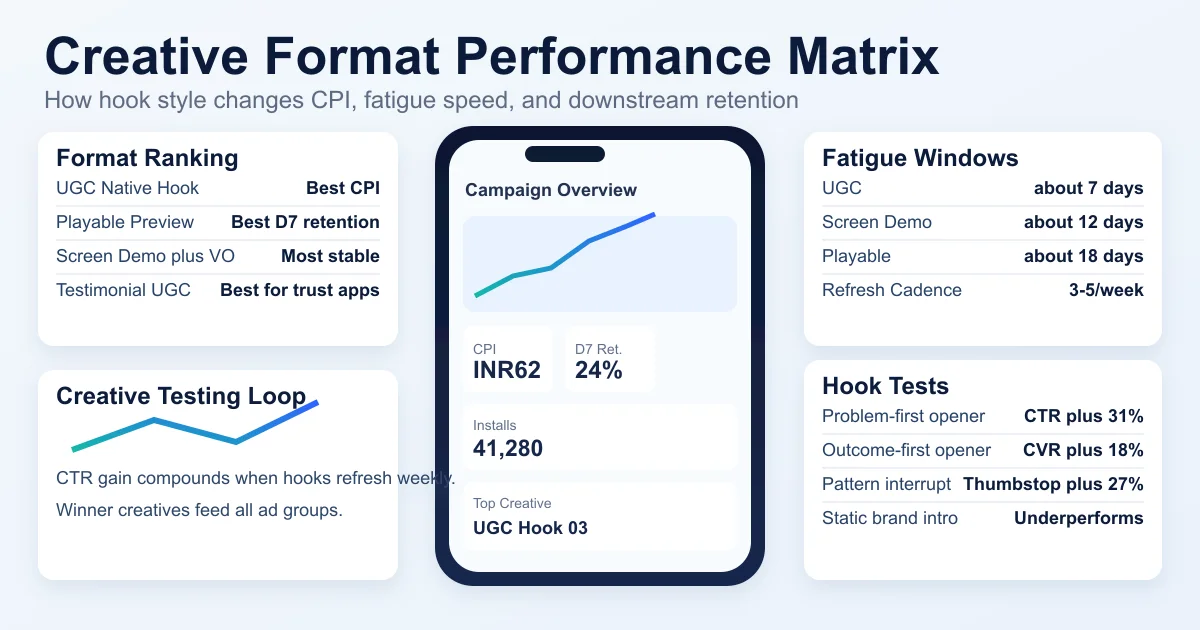 TikTok creative format performance spectrum — UGC hooks, playables, screen demos ranked by CPI and fatigue rate.