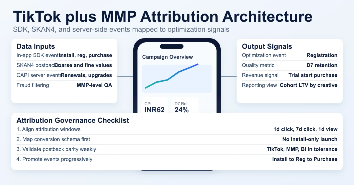 TikTok MMP integration architecture — SDK, SKAN 4 postbacks, and Conversions API working in parallel.