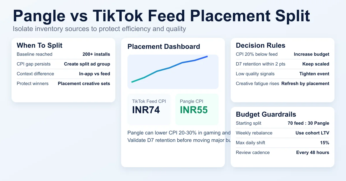 Pangle vs TikTok feed placement dashboard comparing CPI, CPM, and D7 retention for app install campaigns.