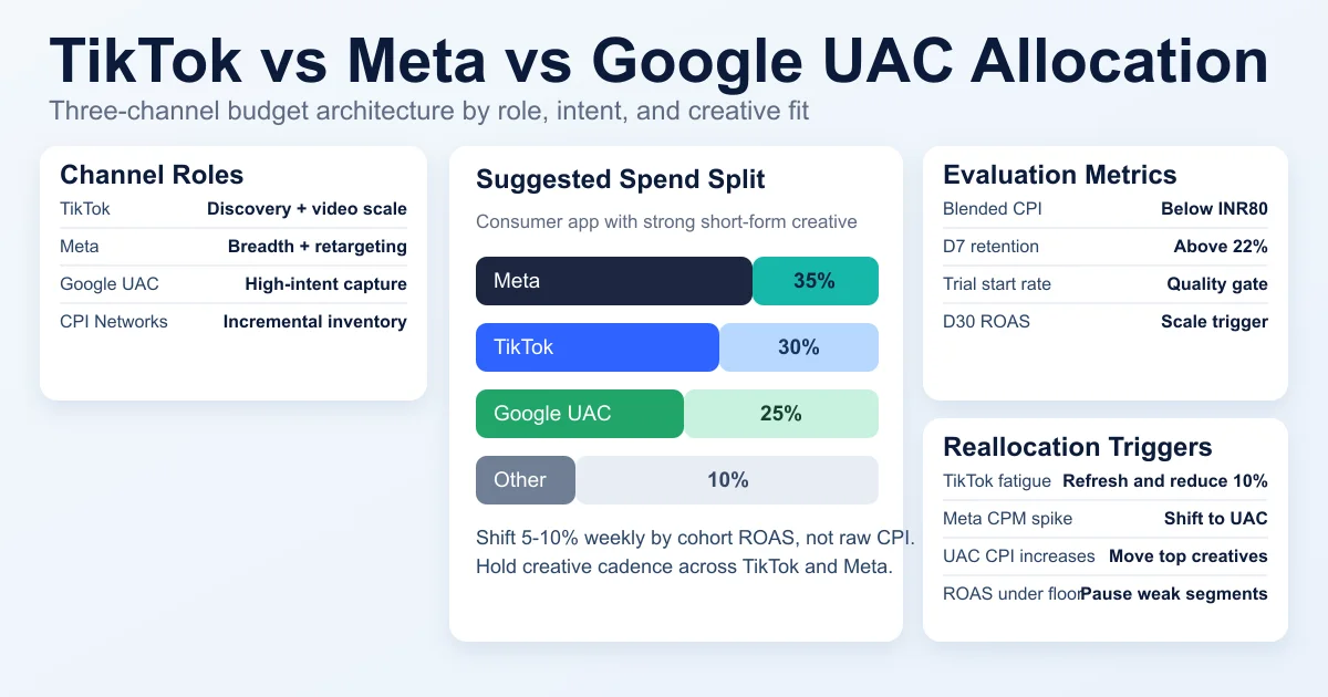 TikTok vs Meta vs Google UAC — three-channel UA stack allocation framework for consumer apps.