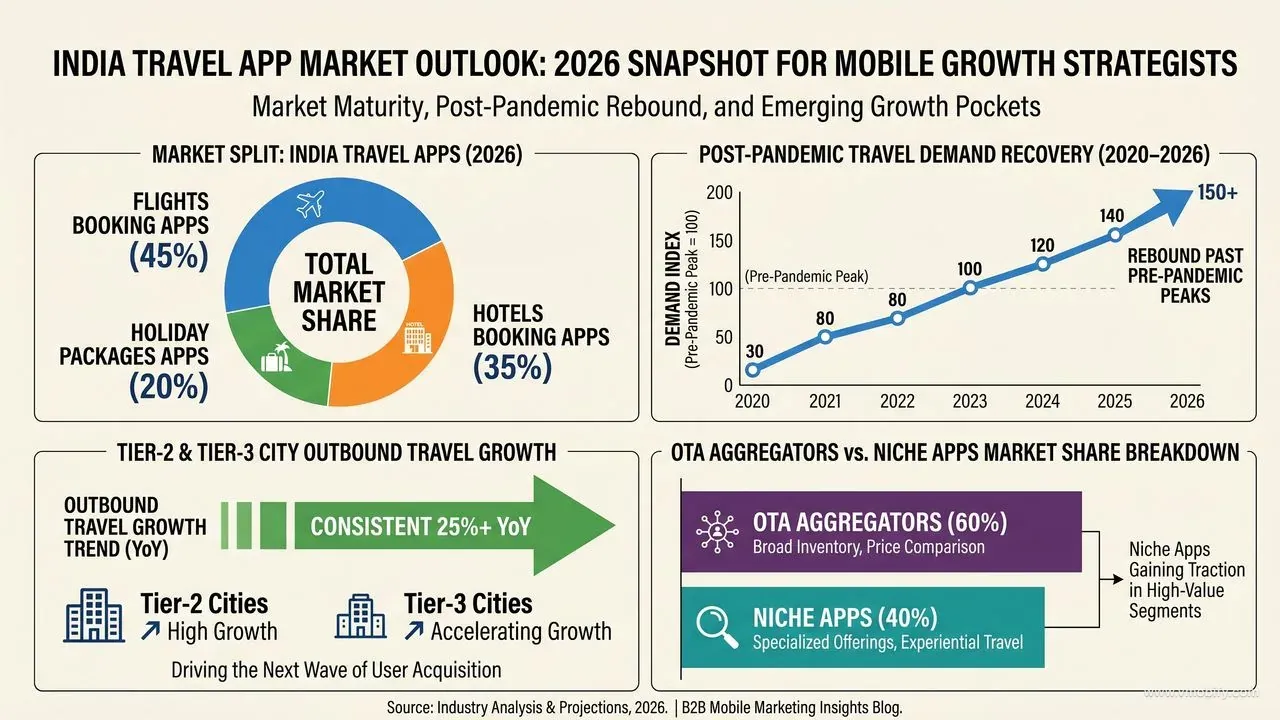 India travel app market 2026 infographic showing flights vs hotels vs holiday packages app splits, post-pandemic recovery curve, tier-2 city outbound travel growth, and OTA vs niche app market share