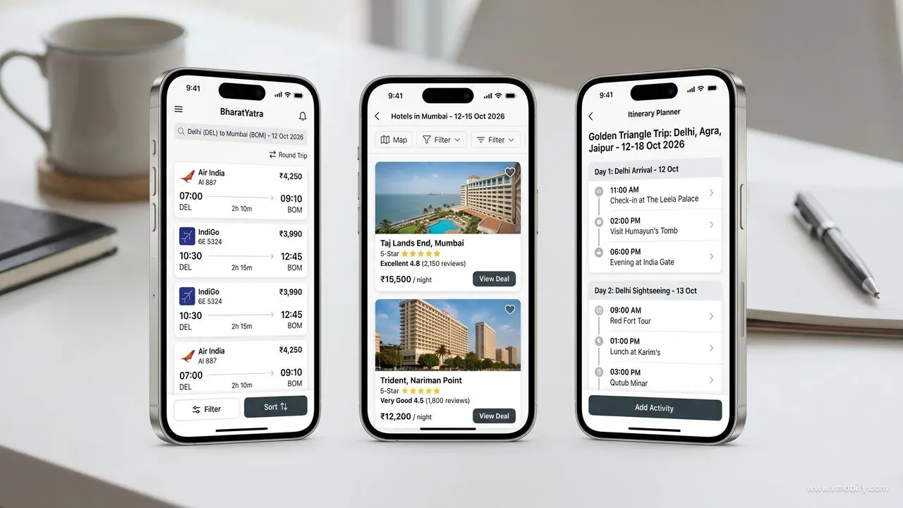 iPhone 15 mockup showing a travel booking app with flight search results, hotel listings with photos, and an itinerary planner screen