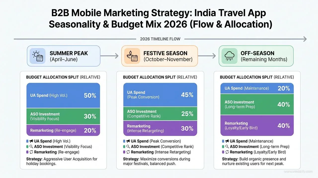 Travel app seasonality and channel mix budget allocation flow diagram showing UA spend, ASO investment, and remarketing intensity across Summer Peak, Festive Season, and Off-Season phases