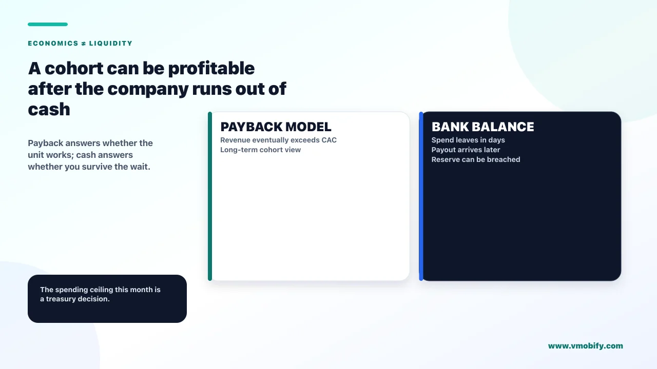 A cohort can be profitable after the company runs out of cash. Payback answers whether the unit works; cash answers whether you survive the wait.