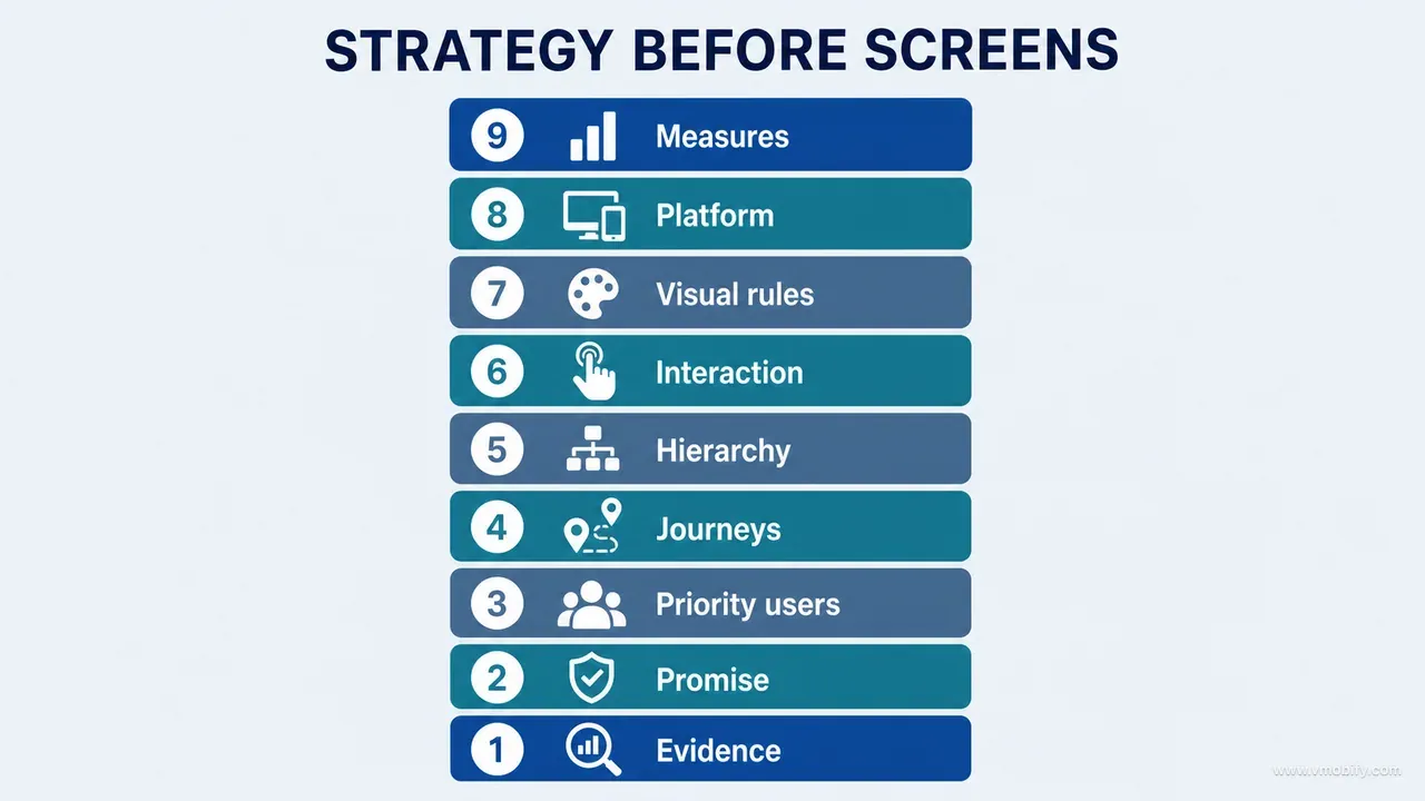 Nine-layer UI/UX strategy stack from evidence and promise through platform rules and measures