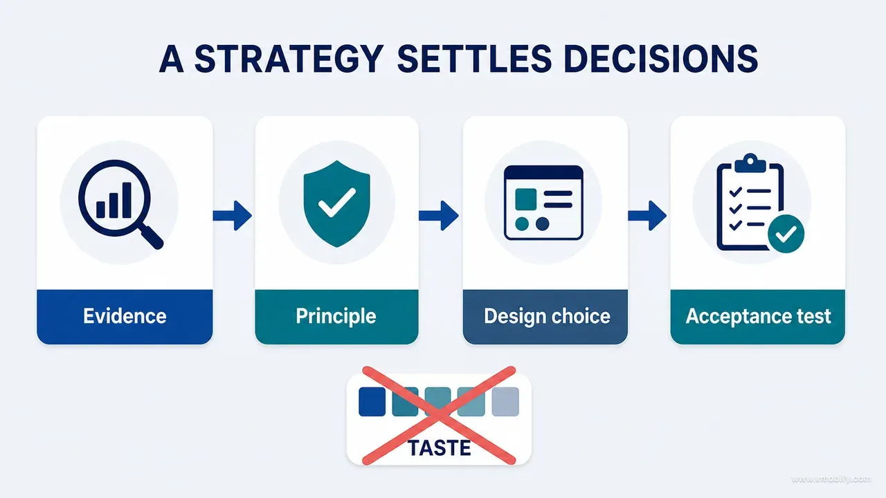 Decision system flowing from evidence to principle, design choice and acceptance test, with taste excluded