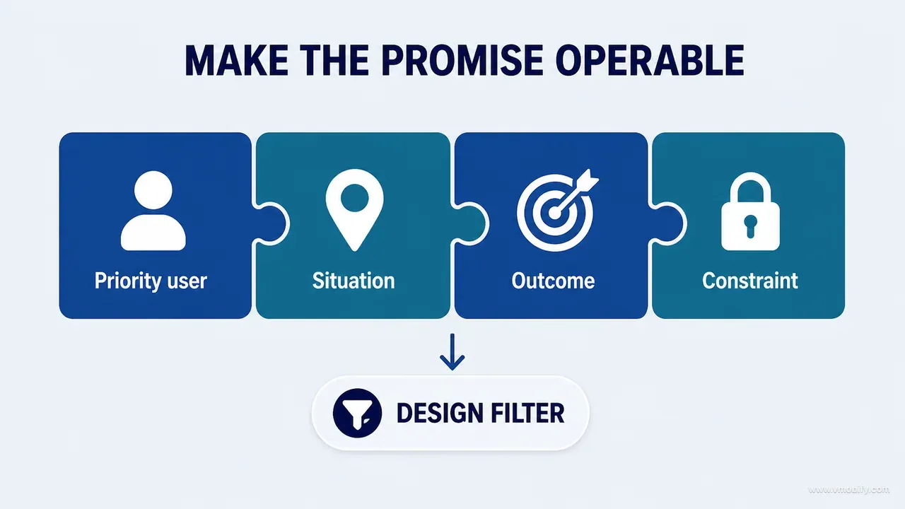 Operable product-promise framework combining priority user, situation, outcome and constraint