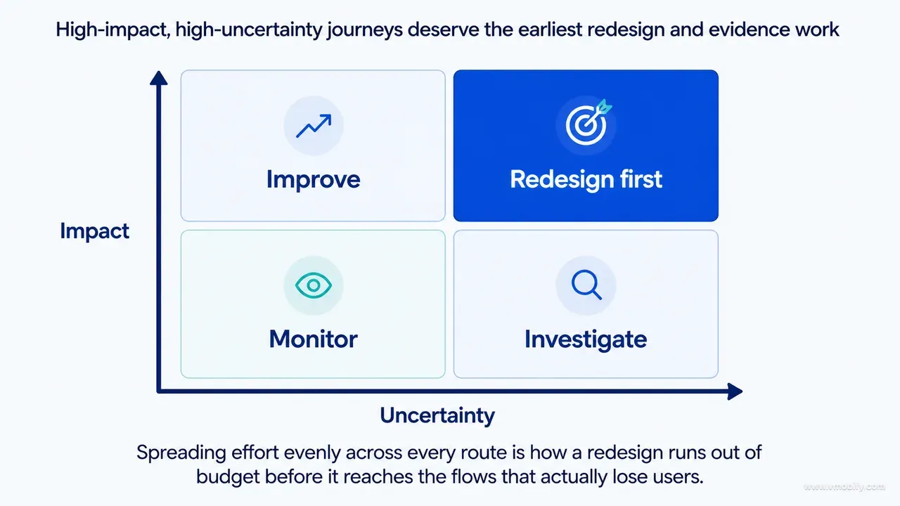 Journey prioritisation matrix using impact and uncertainty to identify what to redesign first