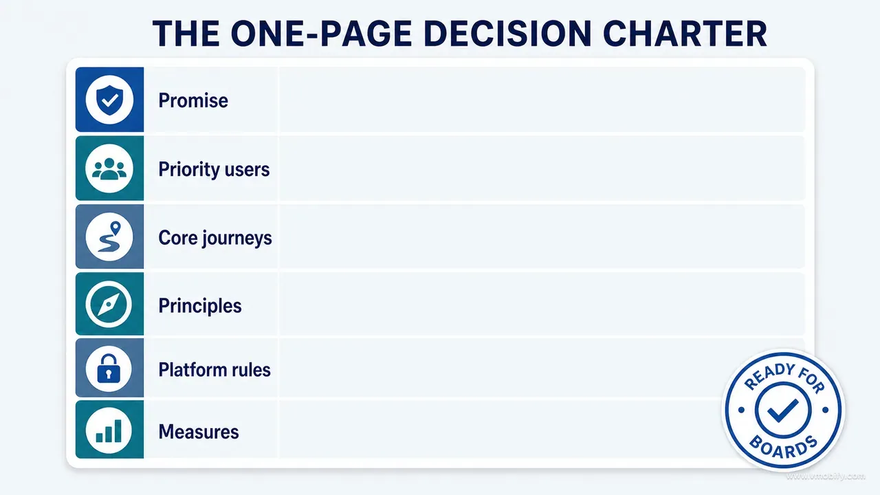 One-page UI/UX decision charter with promise, priority users, core journeys, principles, platform rules and measures
