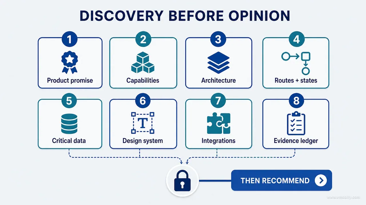 Eight discovery artifacts arranged as evidence cards before a locked recommendation gate