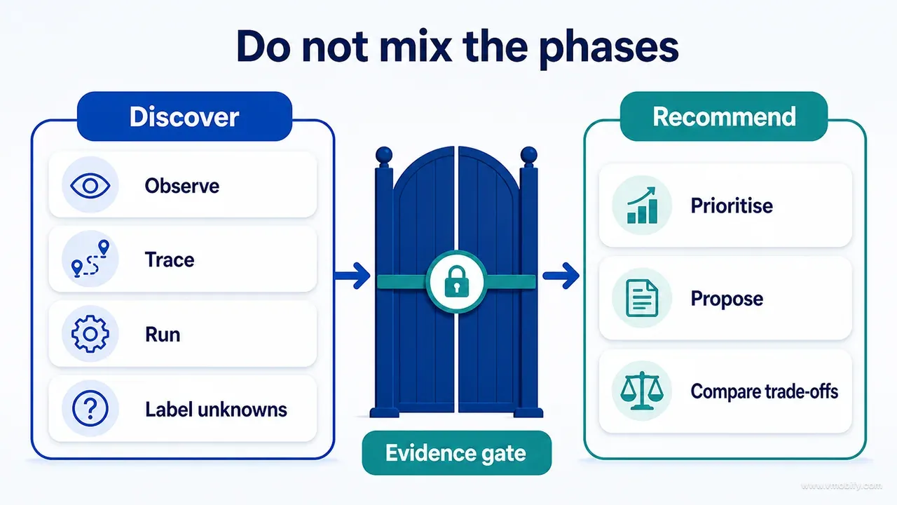 Discovery and recommendation shown as separate phases divided by a locked evidence gate