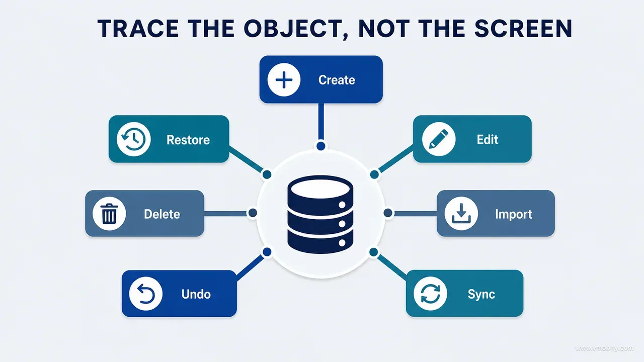 Critical data object connected to seven mutation paths: create, edit, import, sync, restore, delete and undo
