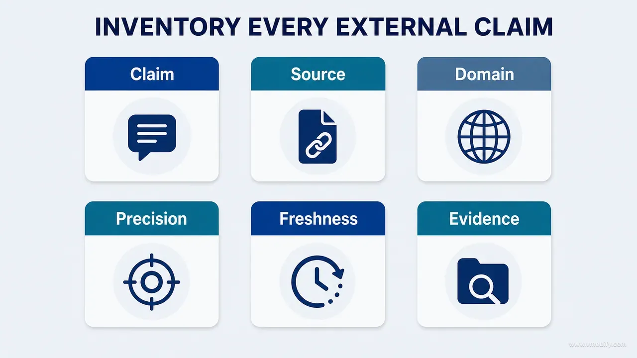 Real-world claim inventory fields for claim, source, domain, precision, freshness and evidence