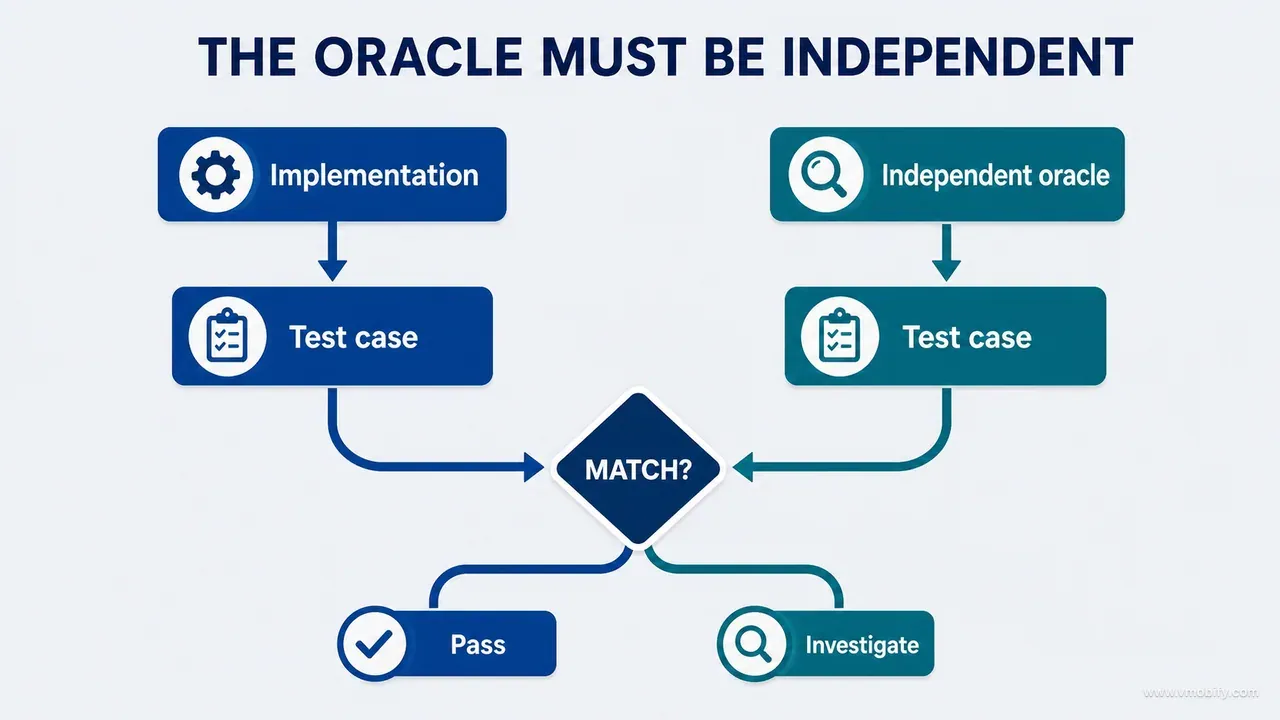 Production implementation and independent oracle receiving the same test case and comparing their results