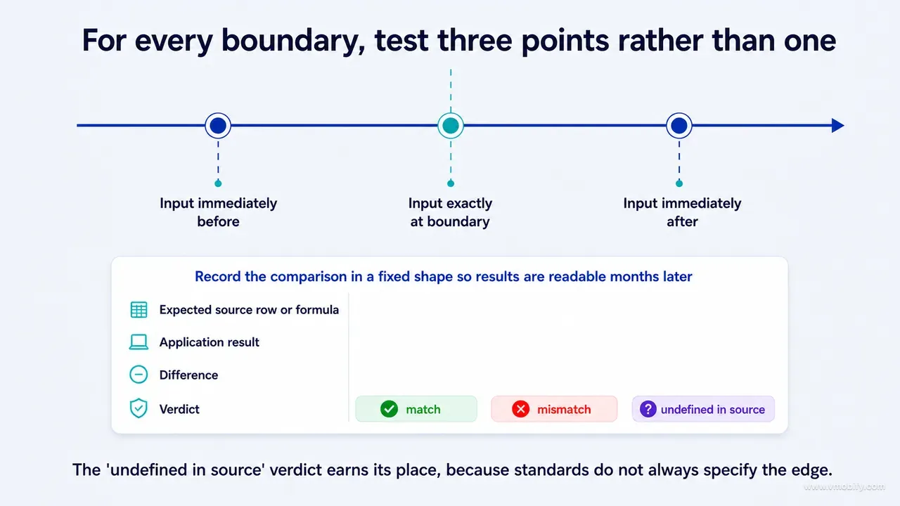 Three test points arranged on one axis around a single boundary marker — input immediately before to its left, input exactly at boundary on it, and input immediately after to its right — above a record card listing expected source row or formula, application result, difference and verdict, with verdicts of match, mismatch or undefined in source