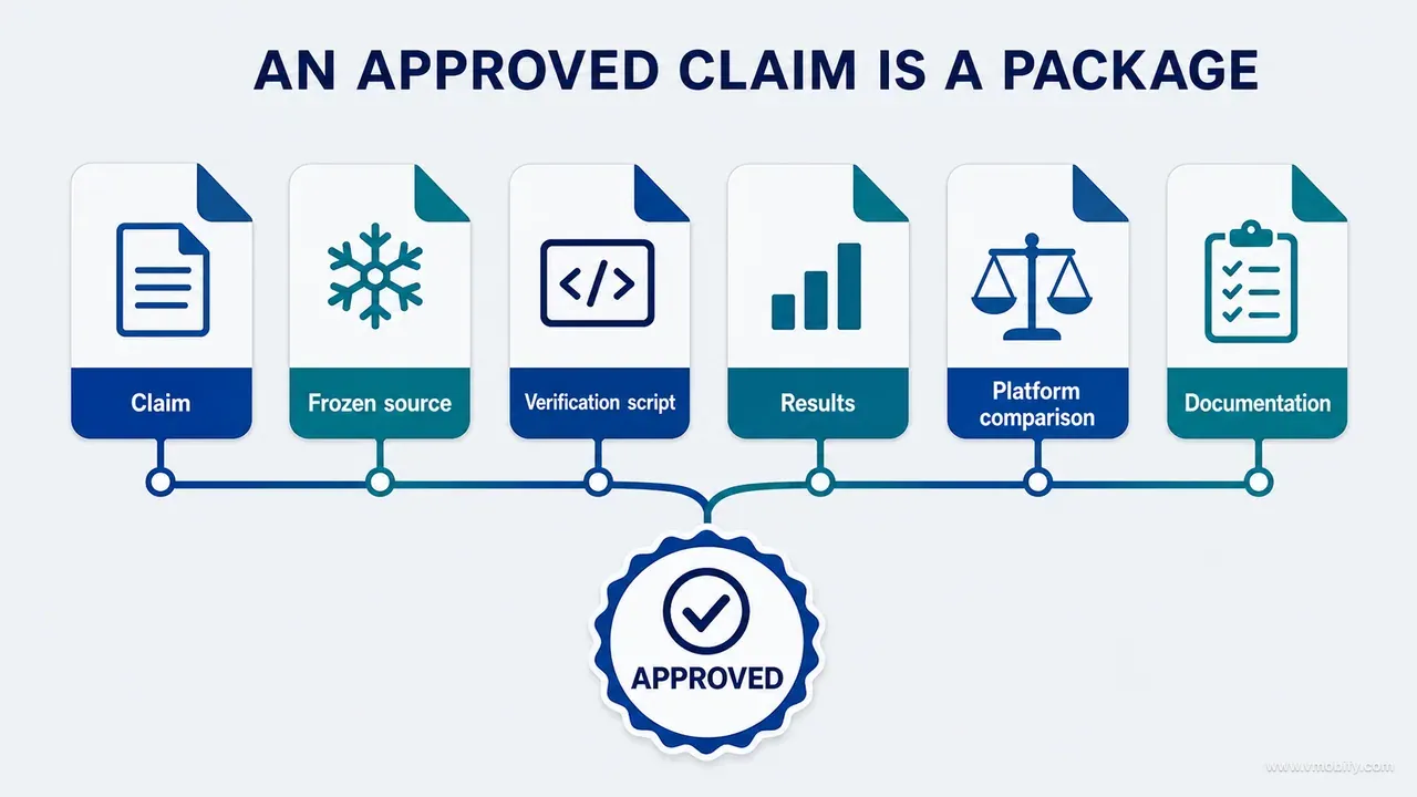 Approved claim evidence package containing the claim, frozen source, verification script, results, platform comparison and documentation