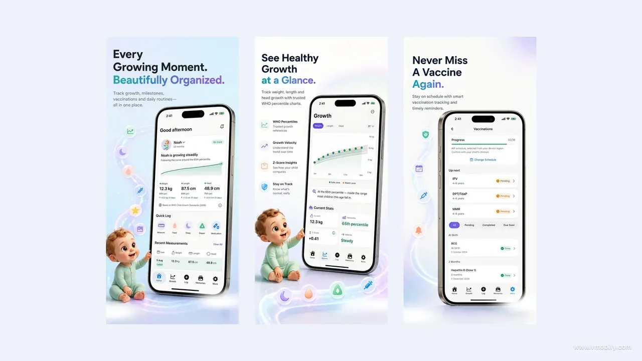 Three App Store screenshots from AI Baby Growth Tracker showing the dashboard with WHO percentile tracking, the growth chart with velocity and z-score, and the vaccination schedule view.