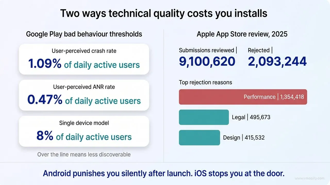 Two-panel comparison showing Google Play's bad behaviour thresholds — 1.09% of daily active users for user-perceived crashes, 0.47% for user-perceived ANRs, and 8% on a single device model — beside Apple's 2025 App Store review figures of 9,100,620 submissions reviewed and 2,093,244 rejected, with a bar chart of top rejection reasons led by Performance at 1,354,418, then Legal at 495,673 and Design at 415,532.