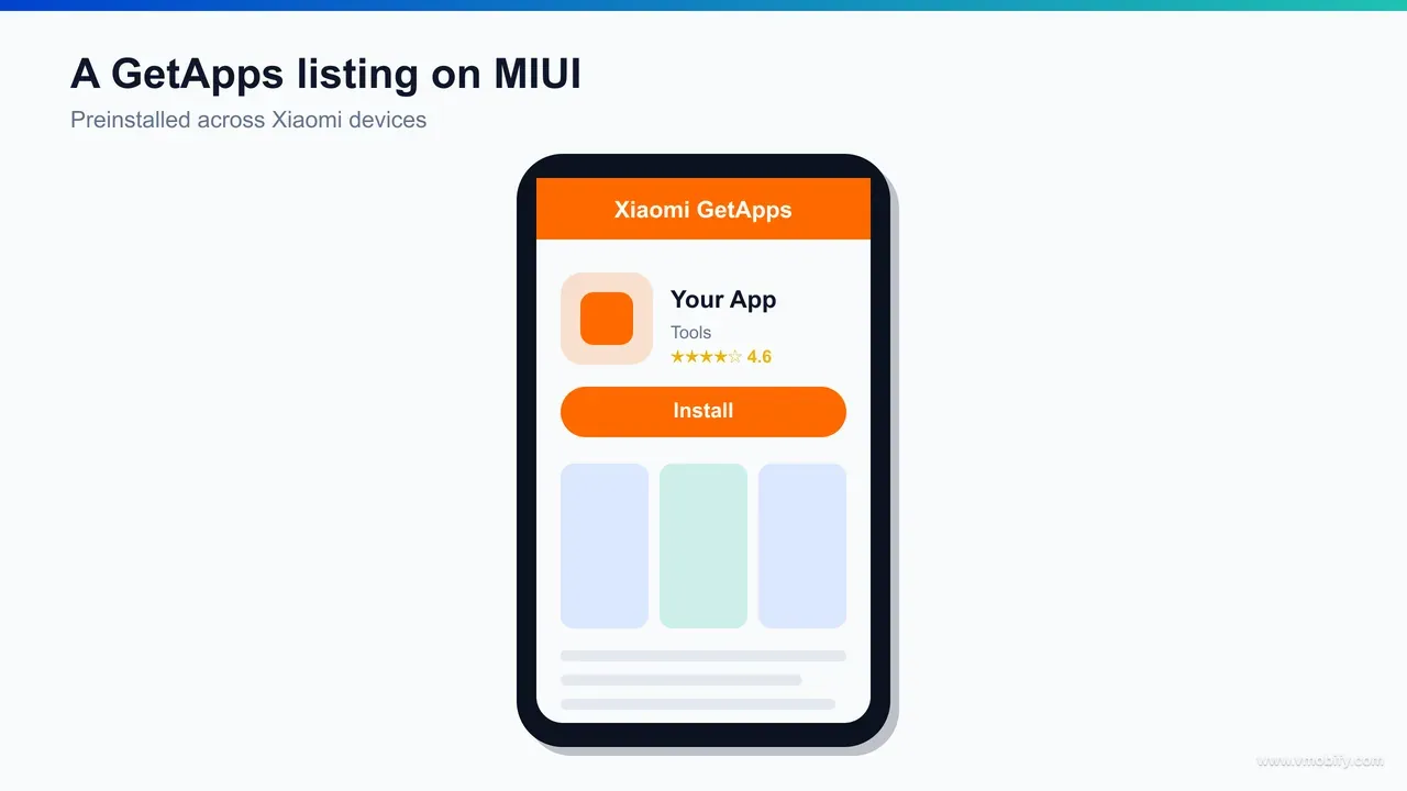 A Xiaomi MIUI smartphone displaying an app's GetApps store listing, showing the icon, title, screenshots, rating and an install button.