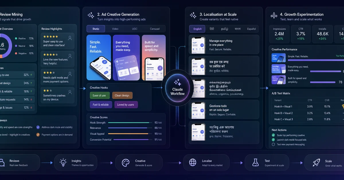 Review Mining, Ad Creative & Localisation with Claude: Growth Workflows — illustration